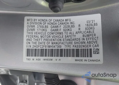 2021 Honda Civic Sport from USA, damaged, VIN 2HGFC2F81MH547369